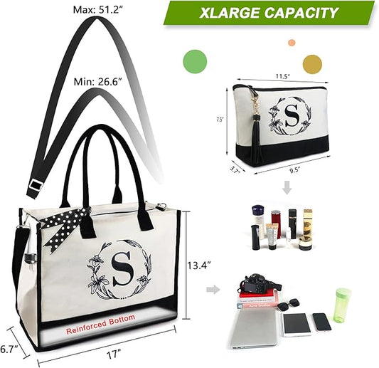 BeeGreen Embroidery Monogram Initial Tote Bag for Women Teacher Mom Friend Personalized Gift for Birthday Beach Work Wedding