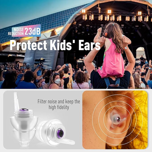 Kids Earplugs (6-12 yrs) - 2 Pairs High Fidelity Concert Ear Plugs for Children, Adults with Small Ear Canals, 23dB Kids Noise Reduction Earplugs for Concerts, Rehearsal, Festival, Party (Purple)