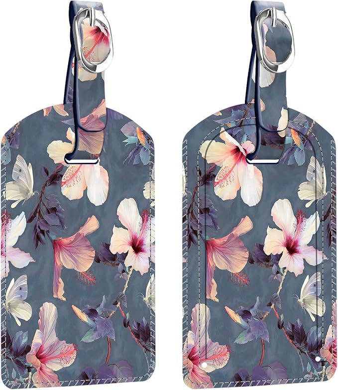 FINTIE 2 Pack Luggage Tags, Leather Name ID Labels with Privacy Cover for Travel Bag Suitcase, Theme - Blooming Hibiscus