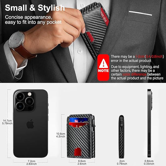 Wallet for Men, Pop Up Bank Credit Card Holder Case, RFID Blocking, Compact, Smart, Slim, Minimalist, Thin, 11 Cards Capacitiy | ID Window | Aluminum Metal | Carbon Fiber Pattern | Women (Black)