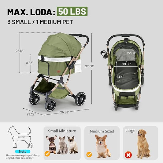 EchoSmile Small Medium Dogs Stroller 4-Wheel Pet Strollers for Medium Dogs Up to 50lbs, One Click Folding Large Cat Stroller, Reversible Handle, Shock Absorbing Wheels, Removable Washable Pad, Green
