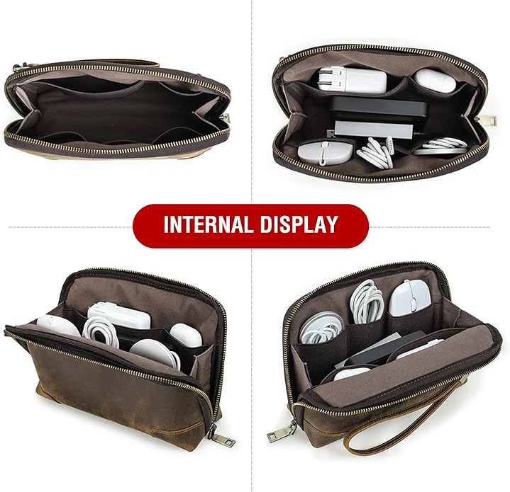 Genuine Leather Tech Organizer Bag Vintage Handmade Travel Pouch for Apple Accessories Phone USB Cables