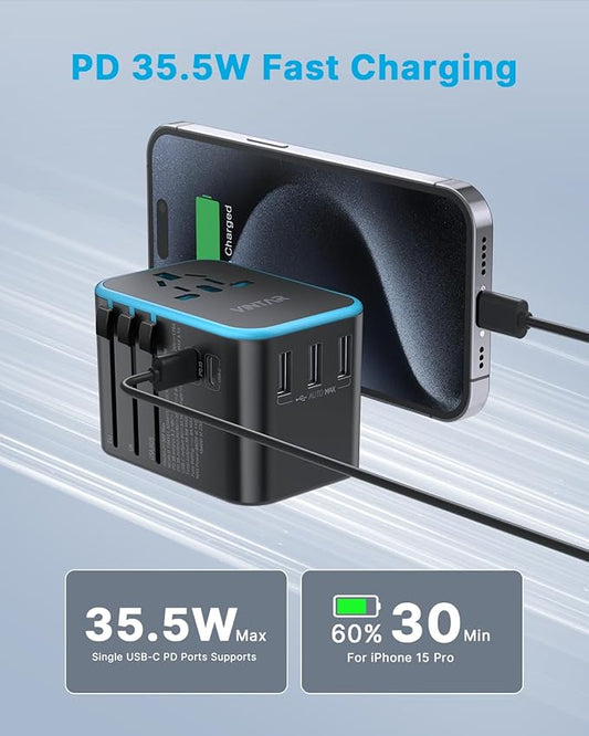 Universal Travel Adapter, VINTAR 35.5W International Power Adapter with 3 USB A QC and 2 USB C PD, All in One Plug Adapter Worldwide Travel Essentials for EU/UK/USA/AUS(Type C/G/A/I), Blue