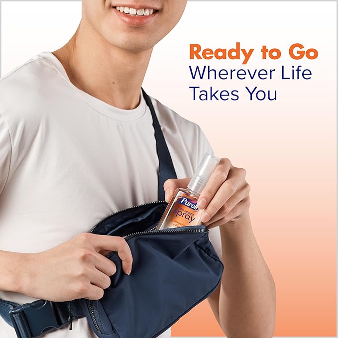 PURELL Hand Sanitizer Spray, Infused with Essential Oils, Tangerine and Pear Scent, 2 fl oz Travel-Size Pump Bottle (Pack of 6) – 2025-04-EC