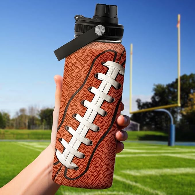 Football Water Bottle - 32oz Insulated Stainless Steel Sports Bottles - Gifts for Men Football Lovers Fan Players