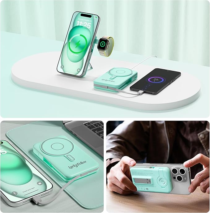 Magnetic Portable Charger Built-in Cables,10000mAh Fast Charging Wireless Charger Station External Battery Pack Slim Pocket Size Power Bank with Stand Compatible with iWatch, iPhone and Android Phones