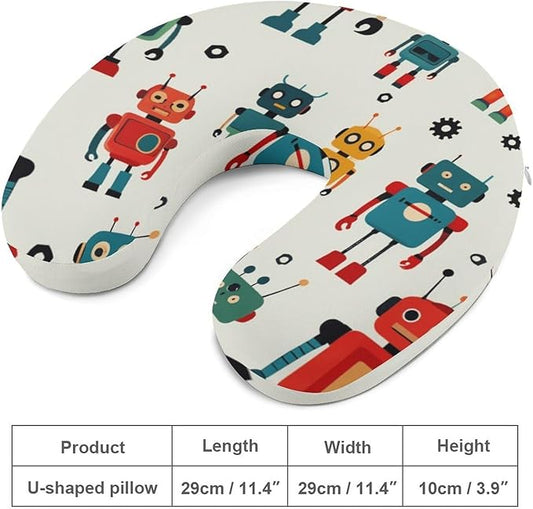 Chin Supporting U-Shaped Neck Pillow Memory Foam Travel, Robots On Gray U-Shape, Office Home Airplane Comfort