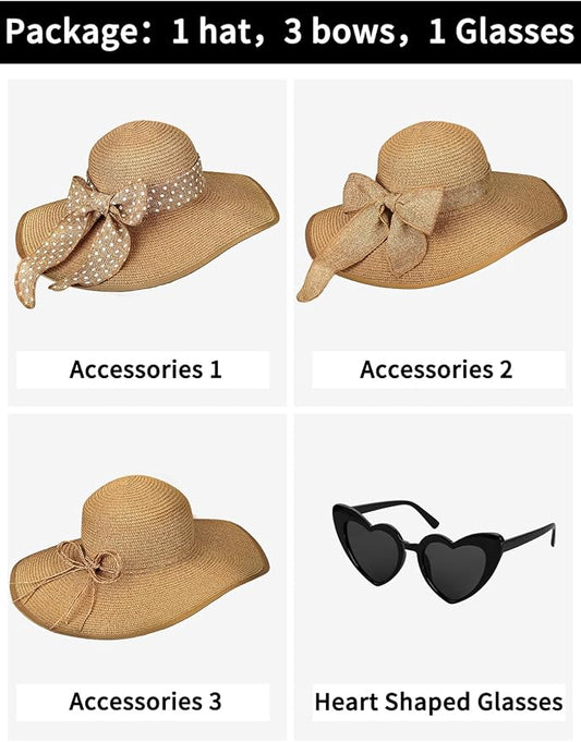 Senker Fashion Sun Hats for Women, Wide Brim Floppy Beach Straw Hat for Summer Travel Vacation Foldable with Sunglasses