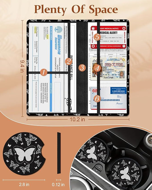 Slohif Car Registration and Insurance Card Holder - Butterfly Vehicle Glove Box Organizer Women with Magnetic Shut Leather Automobile License Holders Coasters Auto Accessories Case for Document