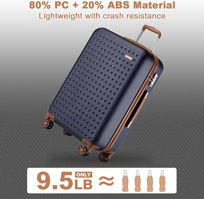 Kono 28 Inch Luggage Large checked Travel Suitcase, 95L ABS+PC TSA Lock Hard Shell Suitcase with Spinner Wheels, Navy/Brown