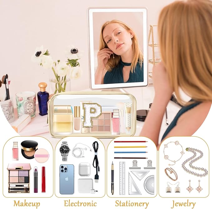 Personalized Initial Letter Clear Makeup Bag,Preppy Small Nylon&PVC Cosmetic Zipper Bag with Chenille Letter,Portable Beach Travel Skincare Toiletry Bag,Trendy Monogram Gift for Teen Girls Women,P