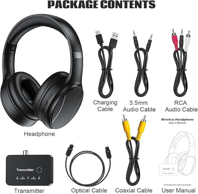 Wireless Headphones for TV, Bluetooth & 2.4G Dual-Mode Headphones with Transmitter Box, 5 Equalizer Presets with Clear Dialogue, Built-in mic for Calls, TV Ear Headsets, Black