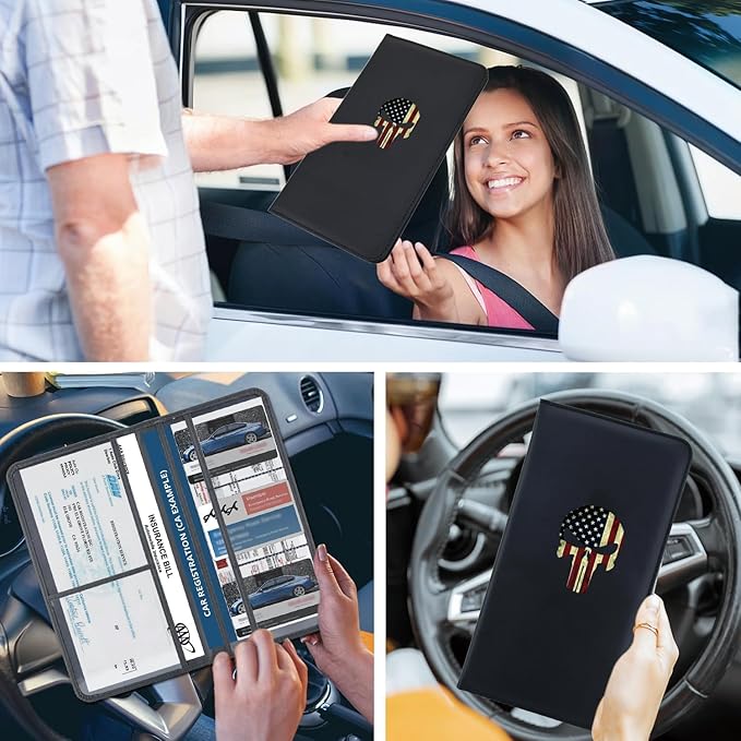 Leather Car Registration and Insurance Cards Holder, Vehicle Glove Box Car Organizer Documents License Compatible with American Skull Flag Auto Interior Accessories