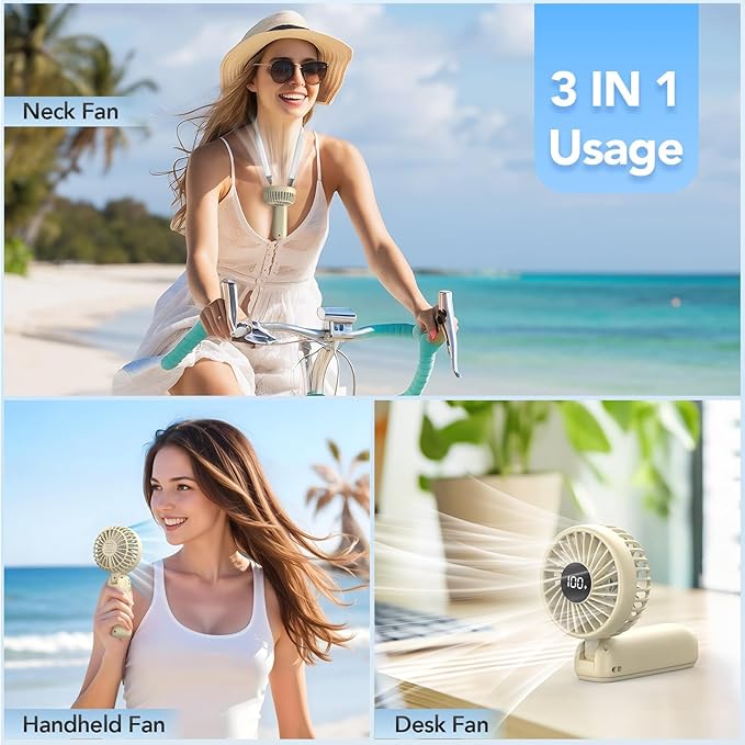 PANERGY Portable Handheld Fan, 5000mAh Rechargeable, 14H Max Cooling Time, 4 Gear Wind & LED Display, 90° Foldable Design, 3-IN-1 Mini Fan for Travel Working Concerts Makeup - Beige