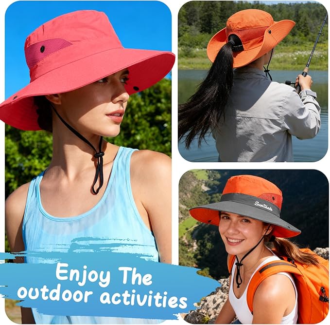 ZOORON Women's Ponytail Safari Sun Hat,Wide Brim UV Protection Outdoor Bucket Hat,Foldable Beach Summer Fishing Hat