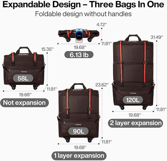 mixi Travel Bag with Wheels Expandable Foldable Luggage Bag Collapsible Rolling Travel Duffel Bags Large Capacity Suitcase for Men Women, Brown