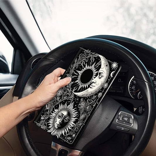 Car Registration and Insurance Holder, Leather Car Glove Box Organizer, Cool Car Accessories for ID, Driver's License Cards & Essential Document, business cards, Men&Women,Soon Moon Stars Black