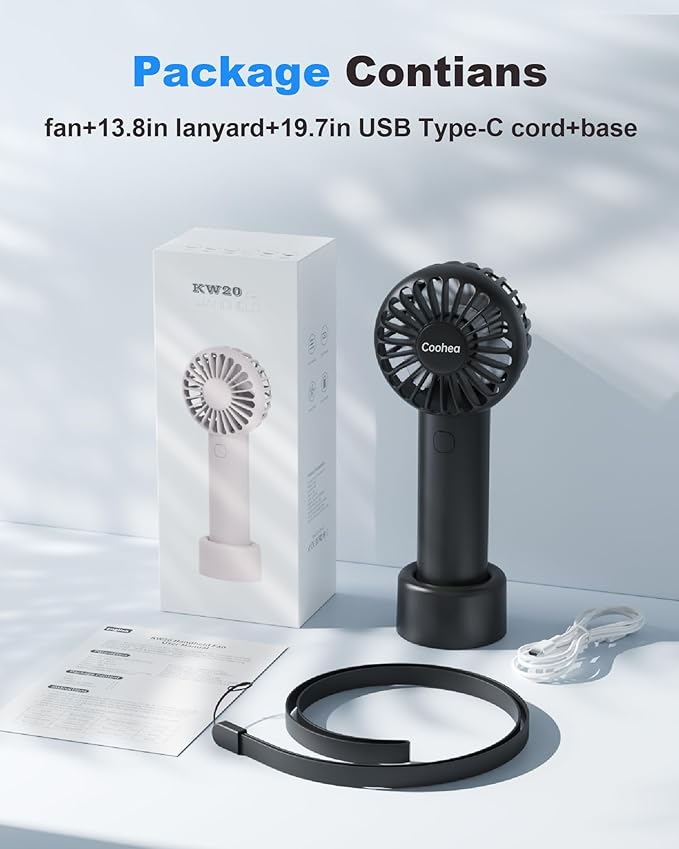 Coohea Mini Handheld Fan, Small Cute Design, 3 Powerful Speeds, USB Rechargeable Battery Operated, Personal Portable Fan with Base & Lanyard, for Eyelash Makeup Travel Beach Office Desk, Black