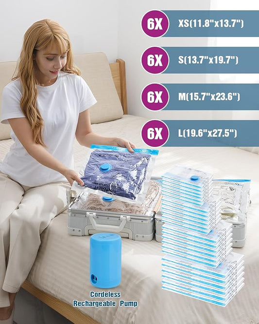 Vacuum Storage Bags for Travel, 24 Pack (6L+6M+6S+6XS) Vacuum Seal Bags with Wireless Rechargeable Electric Pump, Travel Essentials Space Saving Bag for Clothes, Luggage, Carry-on Suitcase, Backpack