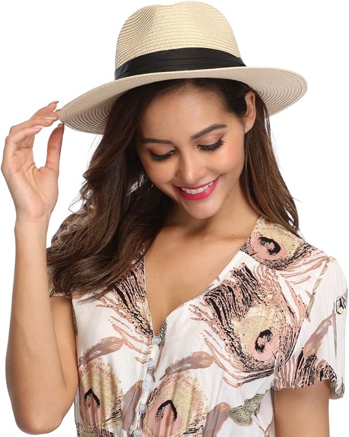 Lanzom Women Wide Brim Straw Panama Roll up Hat Fedora Beach Sun Hat UPF50+