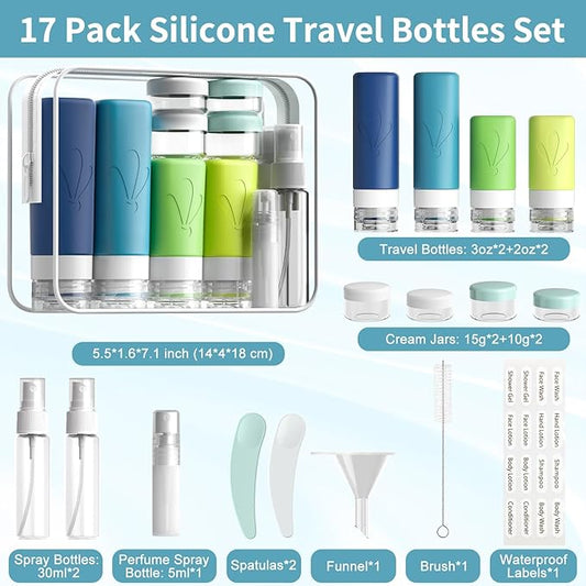 INSFIT Silicone Travel Bottles Set, 17 Pack Travel Size Toiletries, Leakproof Travel Bottles for Toiletries, Travel Accessories for Women, Airplane Travel Essentials, Travel Containers for Toiletries