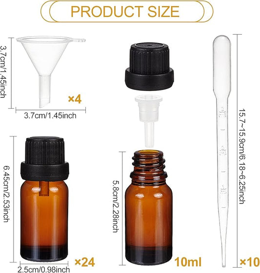 BENECREAT 24 Pack 10ml Brown Glass Essential Oil Bottles Refillable Container Kits with Plastic Droppers, Funnel Hoppers and Sticker for Aromatherapy Fragrance Cosmetic Oil