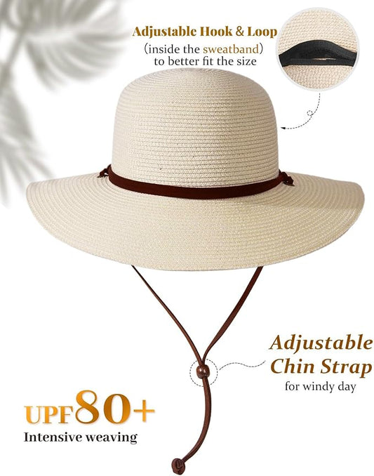 FURTALK Womens Wide Brim Sun Hat with Wind Lanyard UPF Summer Straw Sun Hats for Women