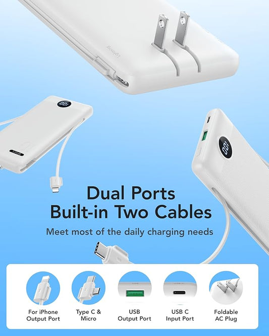 VRURC Portable Charger with Wall Plug, 10000mAh PD 20W Fast Charging Slim Portable Charger Built in Cables,Power Bank with Cords,USB C Portable Phone Charger Travel Accessories -White(1 Pack)