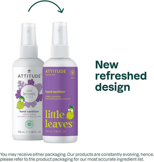 ATTITUDE Hand Sanitizer Spray for Kids & Adults, EWG Verified, Travel Size, Dermatologically Tested, Plant and Mineral Based, Vegan, Vanilla & Pear, 3.5 Fl Oz (Pack of 6) (Spray Bottle)
