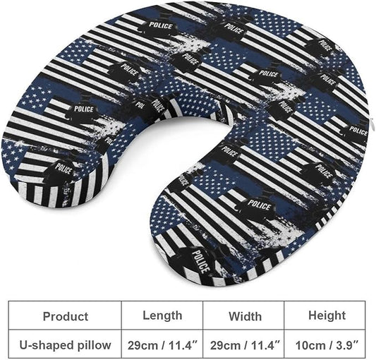 Travel Neck Pillow Memory Foam Chin Cushion America Thin Blue Line Flag Police, Washable Cover for Men Women Youth Airplane Car Pain Relief