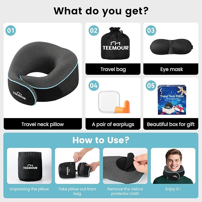 Teemour Upgraded Neck Pillow for Airplane Travel - 360° Support, Memory Foam Travel Pillow with Eye Mask & Earplugs, Portable Carry Bag for Long Flights/Car| Best Airplane Accessories Dark Grey
