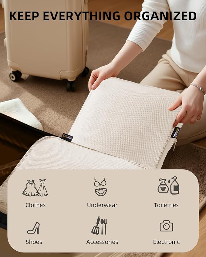 6 Set Compression Packing Cubes for Travel, Large Medium Small Luggage Organizers, Storage Bags for Clothes (6 Pack, Cream White)