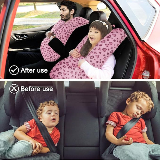 Travel Pillow, Travel Pillow for Kids, Sleeper Hold Pillow Travel, Removable U-Shaped Pillow for Adults and Children to Support Head and Body in The Back Seat of Long Car Trips (Pink Leopard Print)
