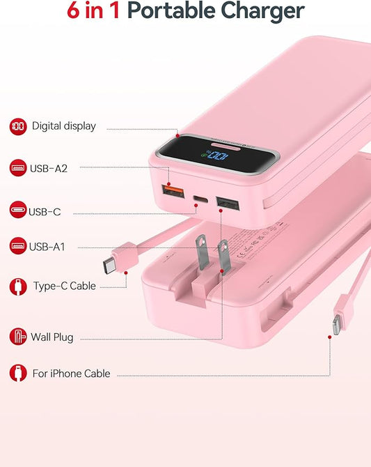 20000mAh Lightweight-Portable-Charger-Power-Bank with Built-in Cables and AC Wall Plug, PD20W USB-C Fast Charging Battery Pack, LED Display External Travel Phone Charger for All iPhone,Samsung,Android
