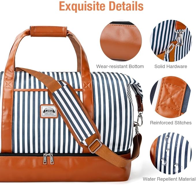 Lekebobor Weekender Bag for Women, Large Holdall Travel Duffle / Overnight Bag with Shoes Compartment & Toiletry Bag, 50L (Blue Striped)