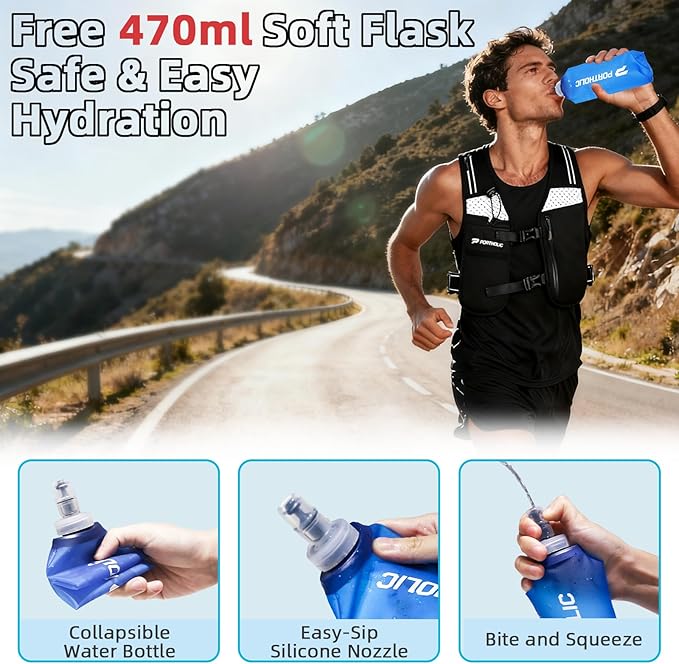 PORTHOLIC Running Vest for Women Men with 17oz Water Bottle |Adjustable Hydration Vest|Reflective |Lightweight |6 Pockets |Breathablefor Running Accessories for Hiking