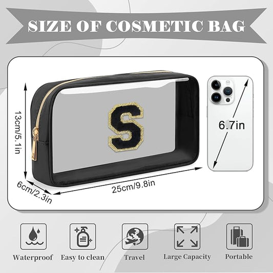 Personalized Initial Letter Clear Makeup Bag,Preppy Small Nylon&PVC Cosmetic Zipper Bag with Chenille Letter,Travel Skincare Toiletry Bag,Monogram Christmas Gift for Teen Girls Women,S
