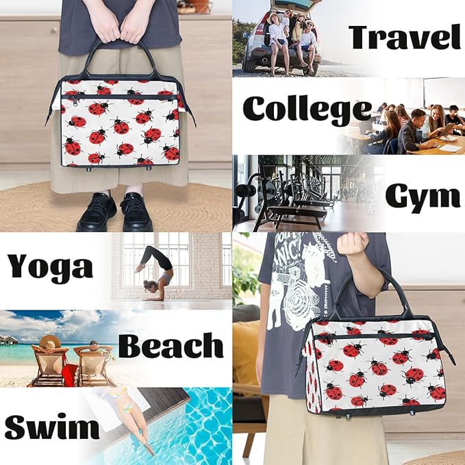 Large Travel Duffle Bag for Women Men,Waterproof Weekender Overnight Bag Carry on Tote Bags for Gym Sport Business Trip,Ladybug On White Duffel Bags