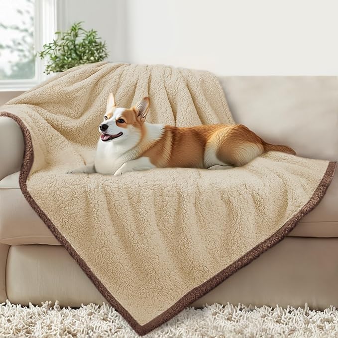 Luciphia Waterproof Pet Blanket for Medium Large Dogs Soft Cat Sherpa Calming Thick Cover Leakproof Cozy Puppy Sofa Bed Car Couch Protector(Beige/Brown,41x31 inches)