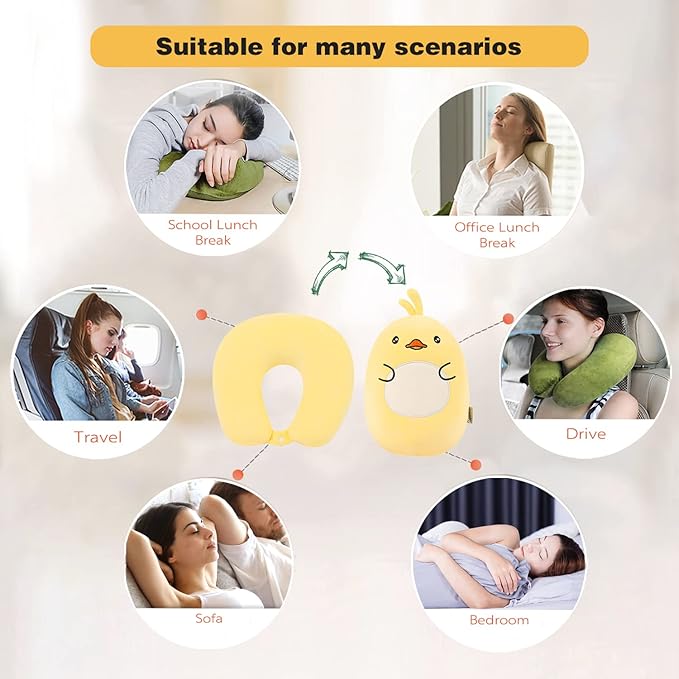 Kids Travel Pillow - 2-in-1 Deformable Kids Neck Pillow for Traveling, Soft U-Shaped Pillow with Adorable Animal Design, Comfy Sleep and Play, Ideal for Airplanes and Cars - Yellow Duck