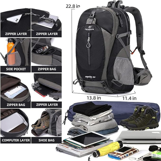 FENGDONG 50L Waterproof Lightweight Expandable Hiking,Camping,Travel Backpack with Shoes Compartment for Men Women Black