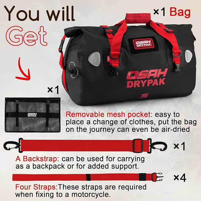 Waterproof Duffel Bag - Motorcycle Dry Bag Tail Bag with Large Storage Space, Waterproof Luggage Duffle Bags with Outer Mesh Zipper Pocket for Camping, Kayaking, Fishing & Traveling