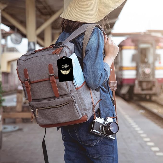 Black Halloween Smile Luggage Tags for Suitcases,2 Pack Luggage Tag, Leather Stainless Steel Loop Label Tag for Women Girl Travel Bag Suitcase