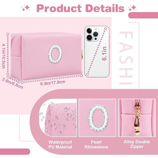 ChaoGreat Bride Gifts โ Personalized Initial Makeup Bag with Pearl Rhinestone Patch, Preppy Pink Monogram Cosmetic/Toiletry Pouch, bridesmaid Gifts, Bridal Shower Gifts, Wedding Gifts, Bridal Gifts,O