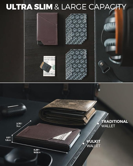 VULKIT Pop up Card Wallet Top-Grain Genuine Leather RFID Blocking Slim Aluminum Metal Bank Card Holder Case with Business Money Pocket for Credit Cards Notes and Coins Espresso