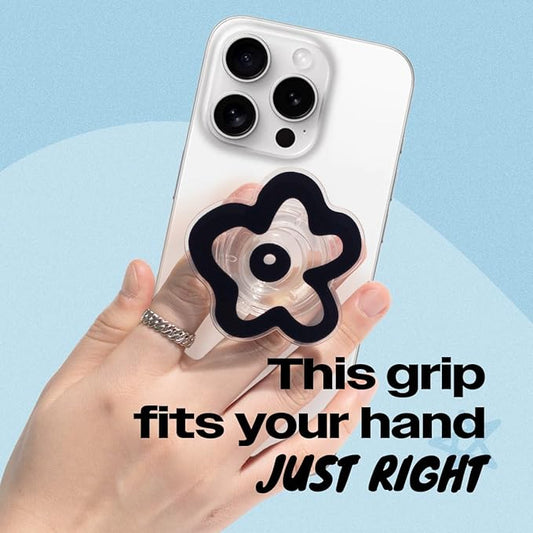 OnTheGrip Cute Transparent Daisy Flower Shape Design Mobile Phone Grip Multi Functional Collapsible Stand Holder for Smartphone Tablet Cell Phone Accessory (Black)
