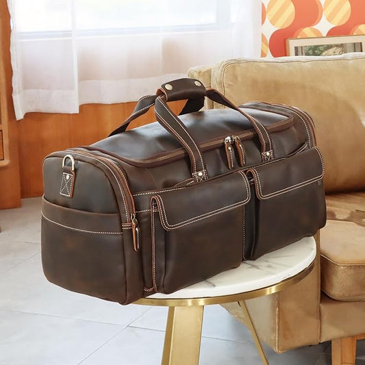 Polare 23" Duffel Retro Thick Full Grain Cowhide Leather Gym Weekender Overnight Luggage Bag 42L