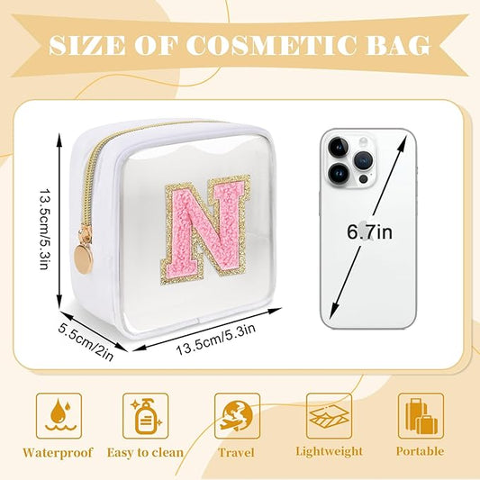 Personalized Initial Letter Clear Preppy Makeup Bag,Mini Nylon Chenille Letter Cosmetic Bag Cute Zipper Pouch Purse for Teen Girls,Portable TSA Approved Beach Travel Essentials Bag Gift for Women,N