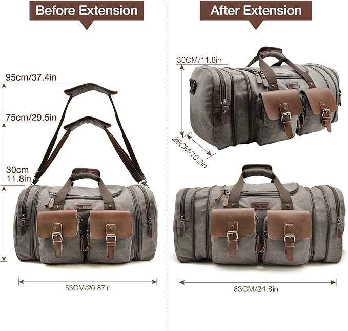 Wildroad 50L Travel Duffel Bag, Expandable Canvas Genuine Leather Duffle Bag Upgraded Overnight Weekender Carry on Bag