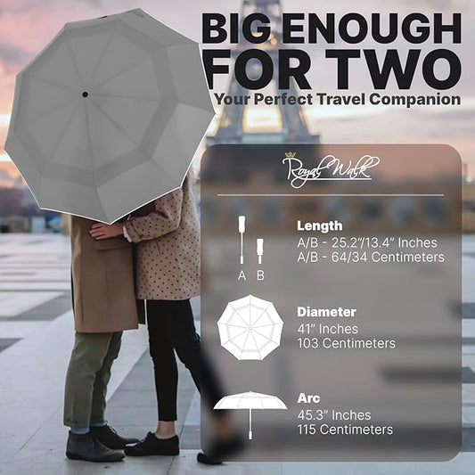 Royal Walk Windproof Folding Travel Umbrella Compact and Strong Luxurious Real Wood Handle Automatic Open Close Vented Double Canopy for Men and Women